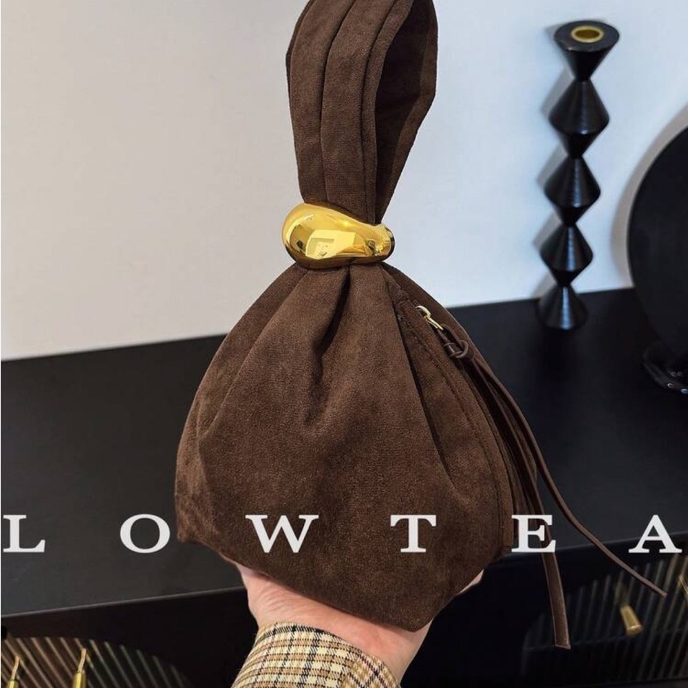 Brown Suede Knot Bag with Gold Accent